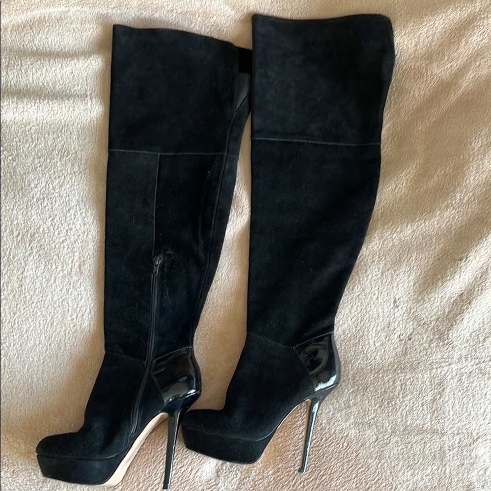 Black Over the Knee Boots with High Stiletto Heels and Soft Suede Texture